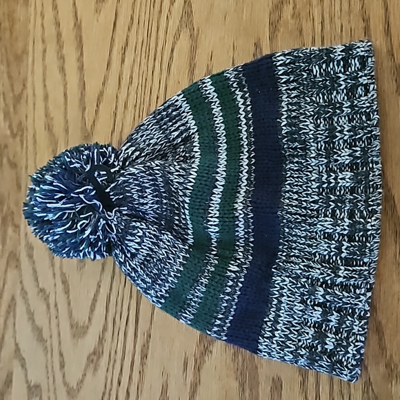 Homage Cable Knit Winter Hat - Variegated gray, navy, green pom pom - Picture 1 of 7